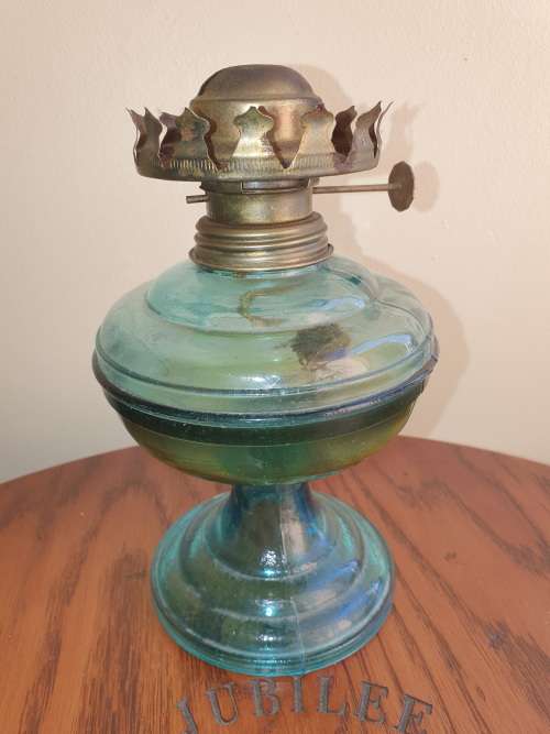 Vintage Blue Glass paraffin Oil Lamp made in Hong Kong