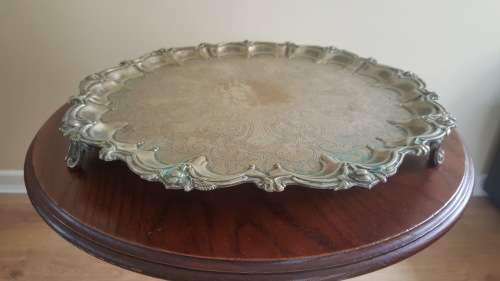 BEAUTIFUL ANTIQUE ROSE DETAIL 3 LEGGED HEAVY EPNS 4742 SILVER TRAY