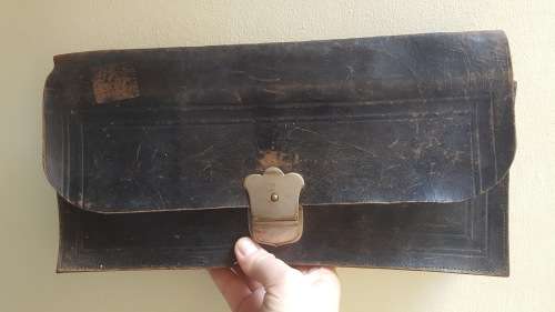 ANTIQUE GENUINE LEATHER GERMAN DOCUMENT HAND HELD BAG WITH SILVER BUCKLE