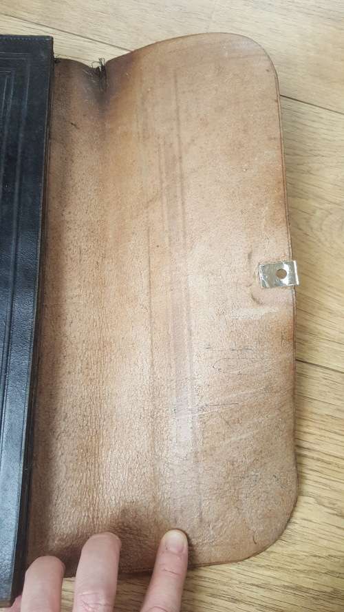 ANTIQUE GENUINE LEATHER GERMAN DOCUMENT HAND HELD BAG WITH SILVER BUCKLE