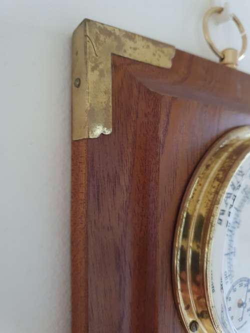 Vintage Thermometer & Hygrometer Brass Wooden Wall Plague (Made In France)