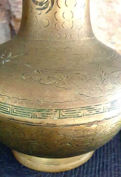 Chinese Embossed Dragon Heavy Solid Brass Vase