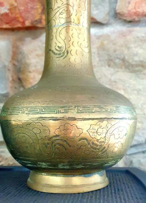 Chinese Embossed Dragon Heavy Solid Brass Vase