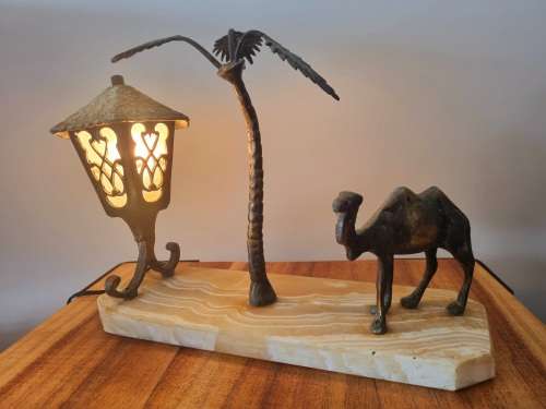1940`s Moroccan Camel bronze Onyx Stone desktop lamp