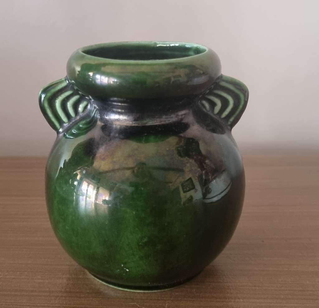 South African Rand ware or Globeware Pottery green Handled Vase