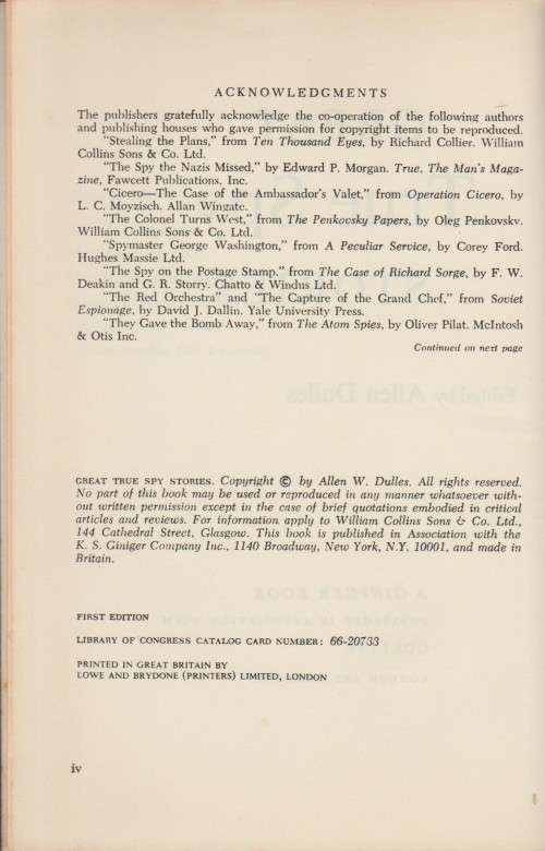 GREAT TRUE SPY STORIES EDITED BY ALLEN DULLES