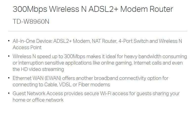 TP-Link N300 ADSL2+ Wireless Wi-Fi Fast Ethernet Modem Router (TD-W8960N)