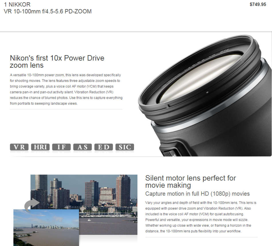 NIKON 1 NIKKOR VR 10-100mm f/4.5-5.6 PD-ZOOM for Nikon 1 Digital Cameras ( for CX Format )