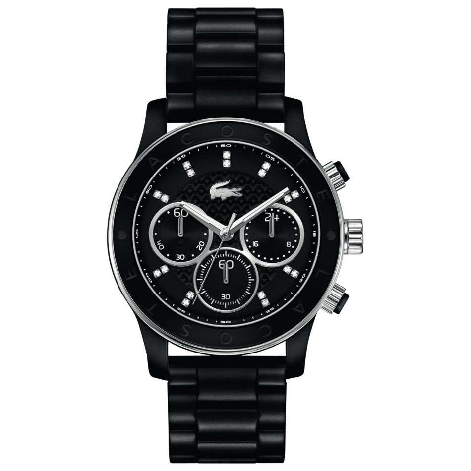 Lacoste Charlotte Nicosia Chronograph Black Dial Black PVD Ladies Watch 2000806 - Brand New