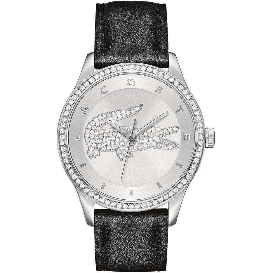 Lacoste Victoria Silver-Tone Stainless Steel Black Leather Band Women's Watch 2000824  - Brand New