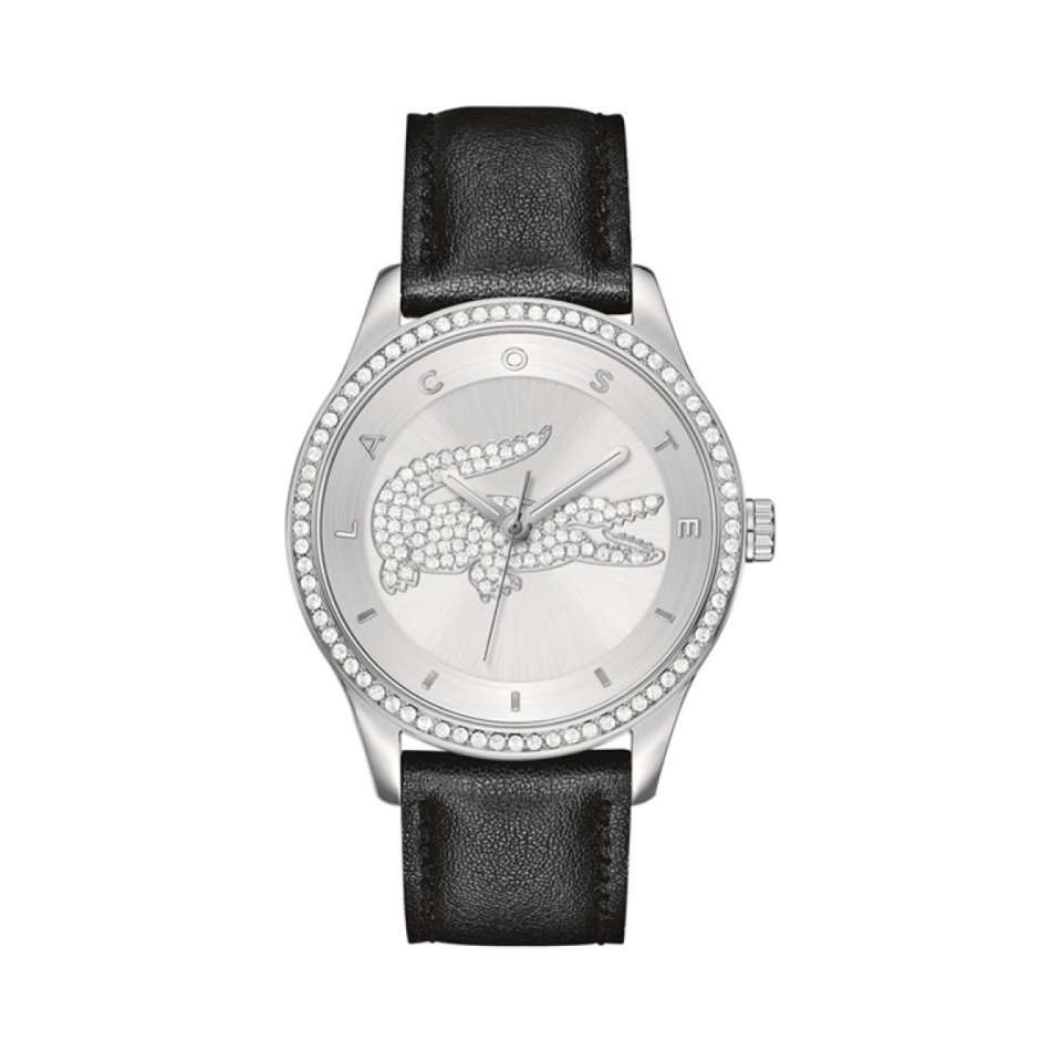 Lacoste Victoria Silver-Tone Stainless Steel Black Leather Band Women's Watch 2000824  - Brand New