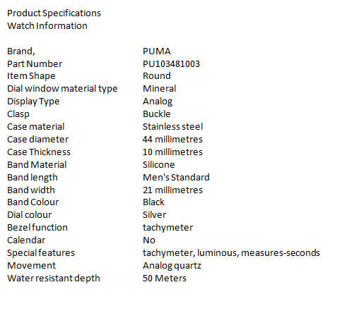 Puma Mens Speedometer Black Silicone Quartz Watch Silver Dial PU103481003  - BRAND NEW *** PUMA ***