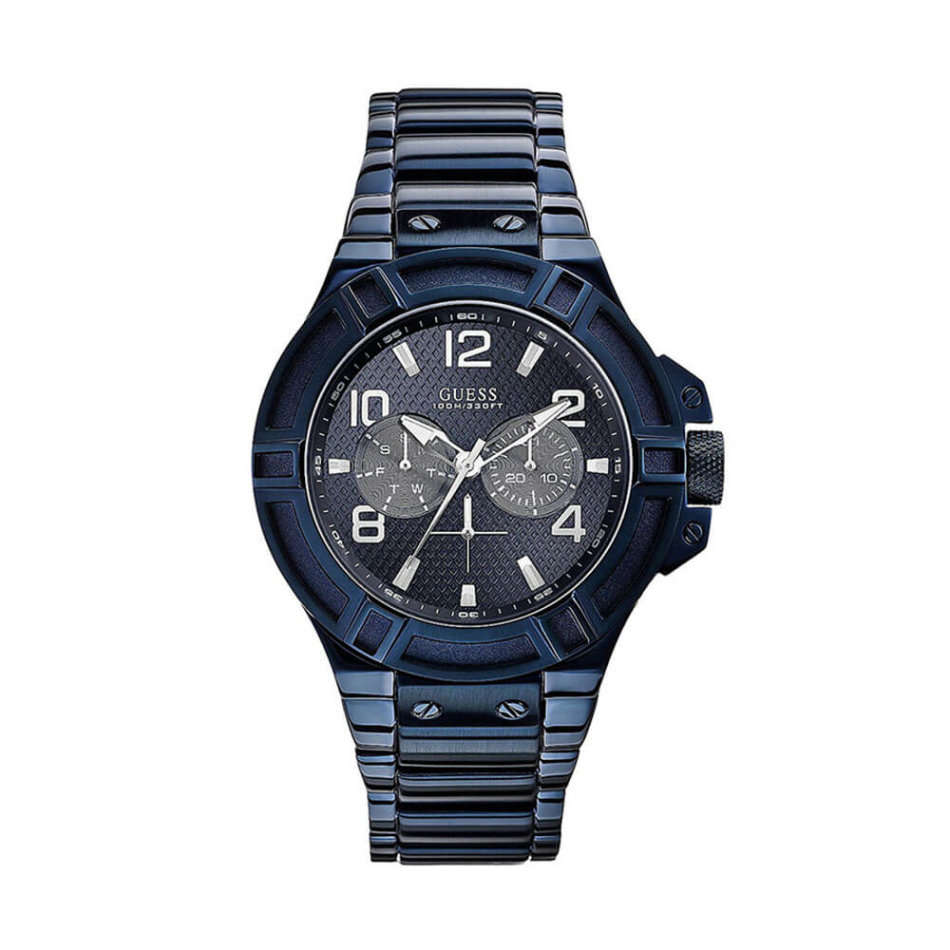 GUESS Men's Rigor Gunmetal Blue Multi Dial Day Date Watch - W0218G4 - Brand new