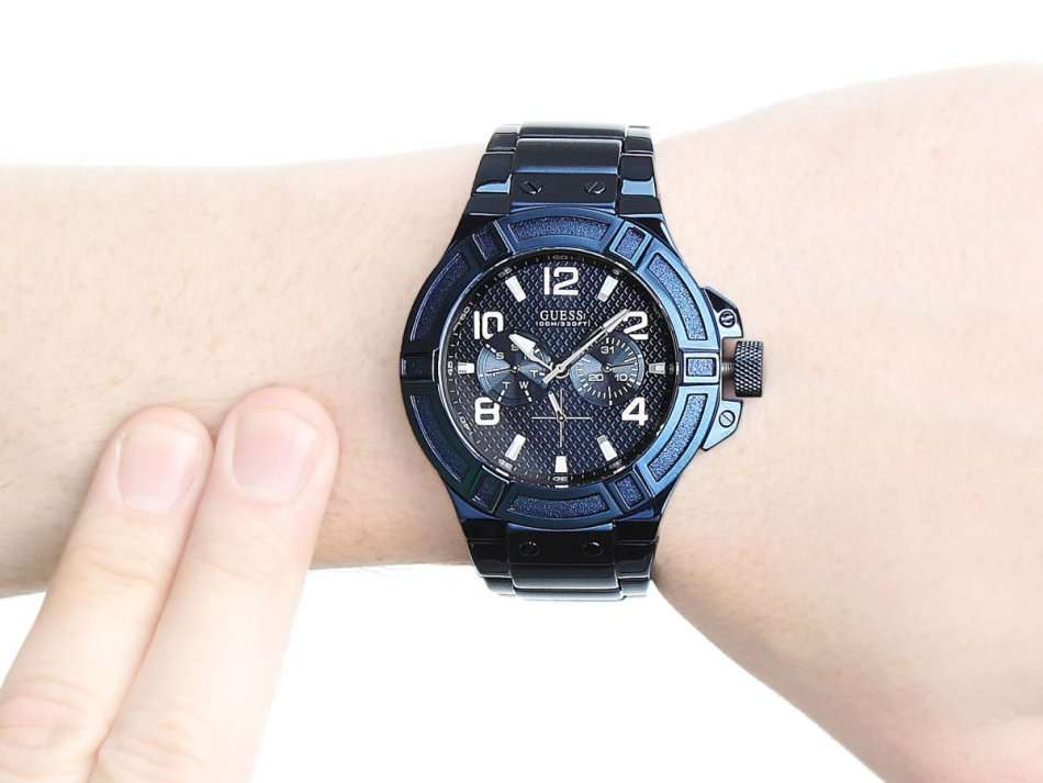 GUESS Men's Rigor Gunmetal Blue Multi Dial Day Date Watch - W0218G4 - Brand new