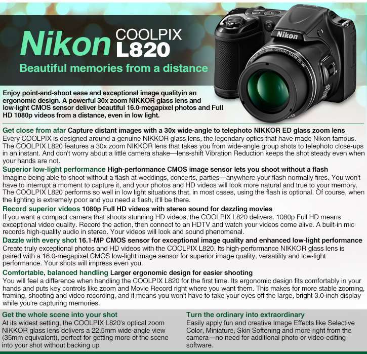Nikon COOLPIX L820 16 MP CMOS Digital Camera with 30x Zoom Lens and Full HD 1080p Video (Black) 30X