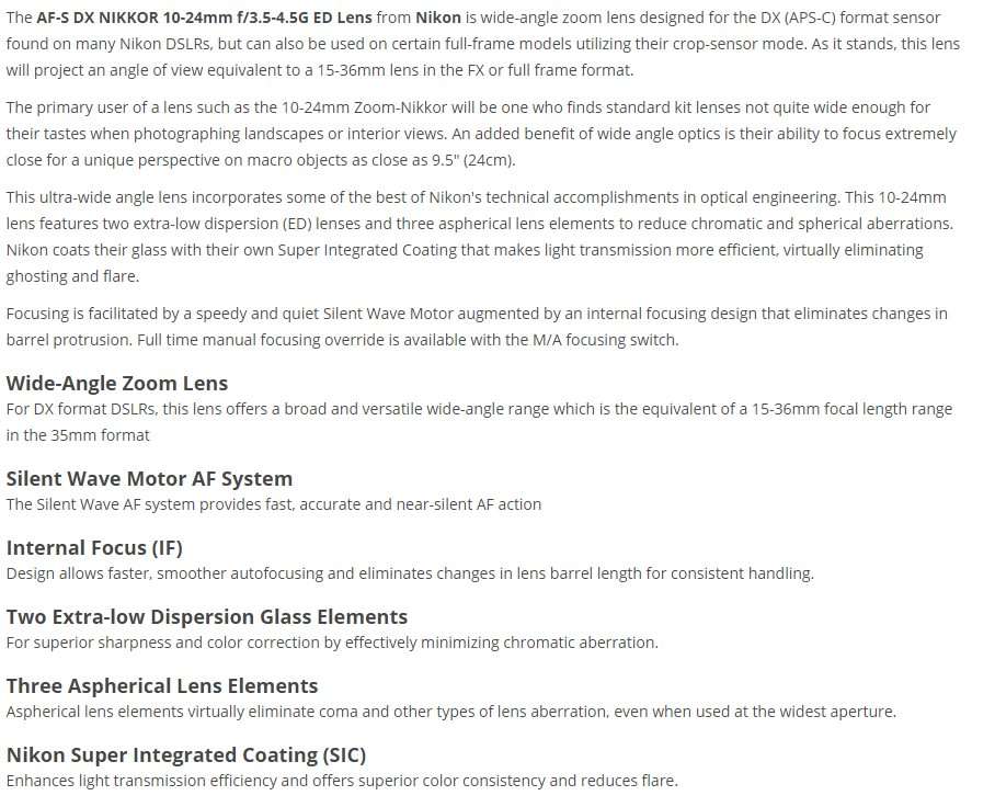 Nikon AF-S DX Zoom-Nikkor 10-24mm f/3.5-4.5G ED Lens for Nikon DSLR Cameras - BARGAIN