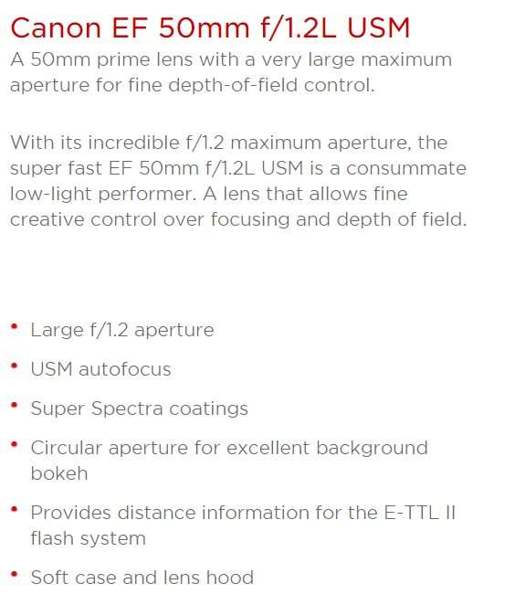 Canon EF 50mm f/1.2 L USM Ultrasonic Lens for Canon DSLR Cameras - Top of the Range