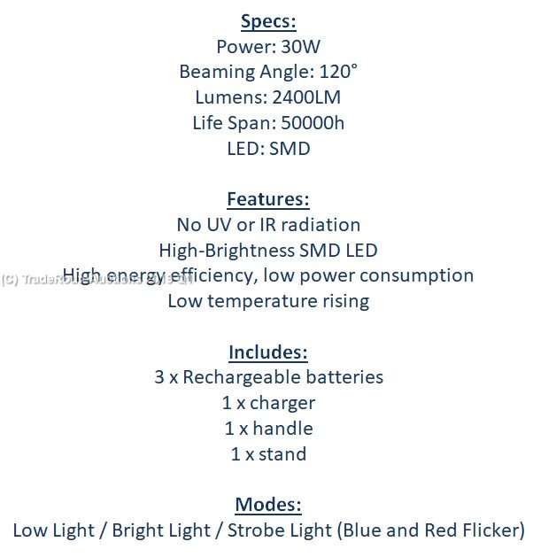 LED Rechargeable Outdoor Floodlight - Camping Light 30W