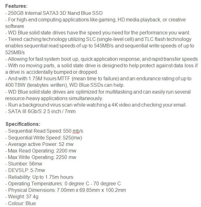 WD Blue 250GB SSD  | Solid State Drive | 7mm | 2.5 " | Brand New Sealed