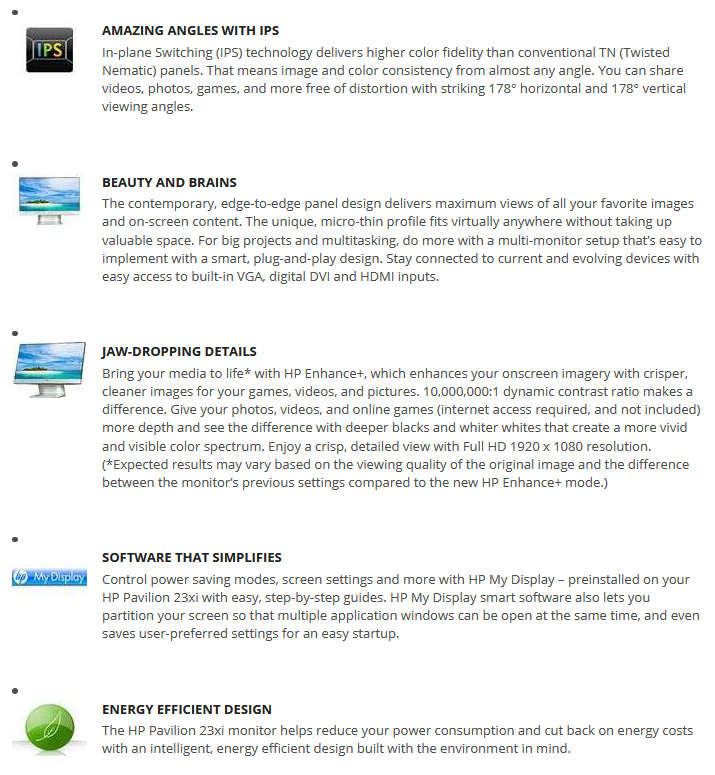 HP Pavilion 23xi 23" IPS LED Backlit 1920 x 1080 Full HD Monitor - HDMI DVI VGA