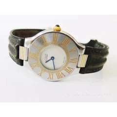 Ladies Must De Cartier 21 Watch Two Tone Green Leather Strap Women's Watch