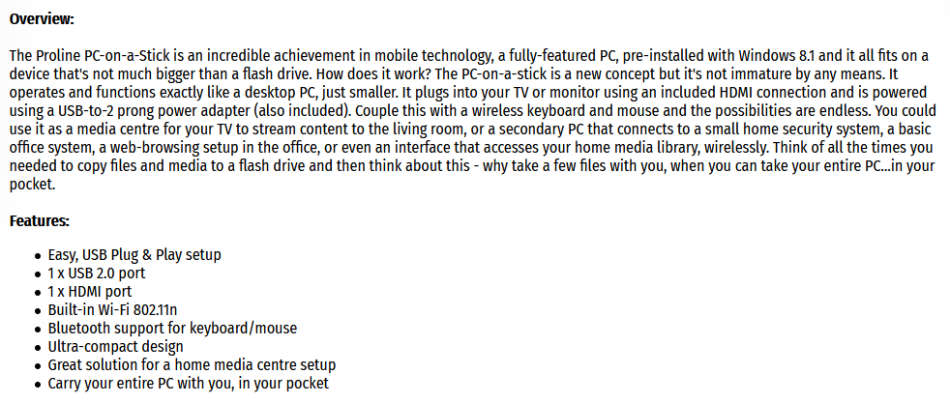 Proline PC on a Stick - Intel Atom Z3735F Processor