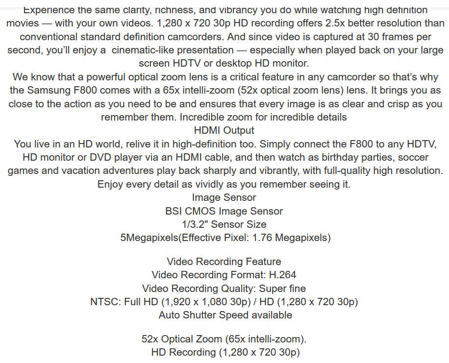 Samsung HMX-F800 Full HD Digital Camcorder with 52x Zoom (Silver)