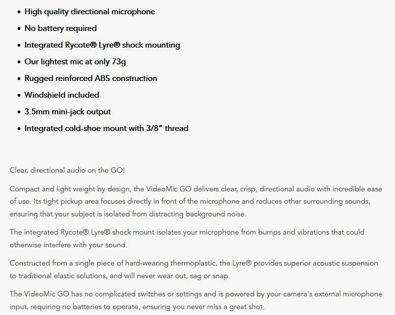 Rode Videomic GO Microphone - Light Weight On-Camera Microphone