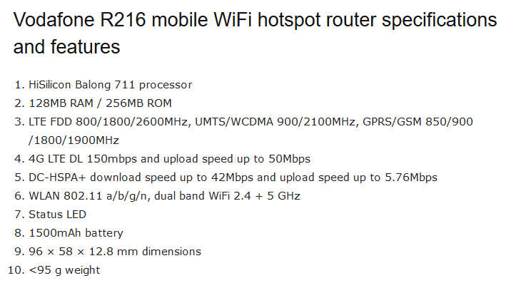 Vodafone Mobile Wi-Fi R216 4G LTE Wireless Hotspot Modem Router