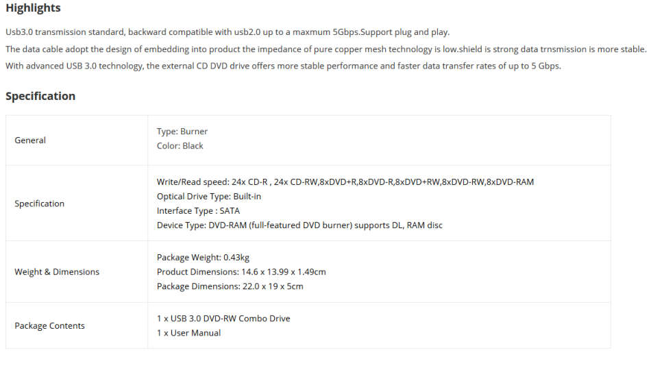 Mobile External USB 3.0 CD DVD-RW Burner DVD Writer Drive Plug And Play For Laptop / Desktop PC