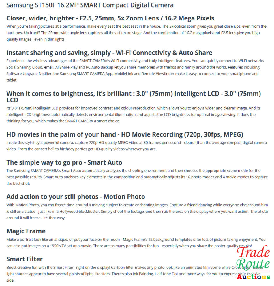 Samsung ST150F 16.2MP HD Smart WiFi Digital Camera with 5x Optical Zoom