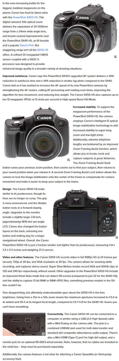 Canon PowerShot SX50 HS DIGITAL CAMERA 24-1200mm IMAGE STABILIZER Lens