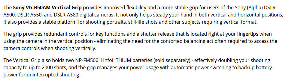 Sony VG-B50AM Vertical Grip for Sony Alpha A500, A550 & A580