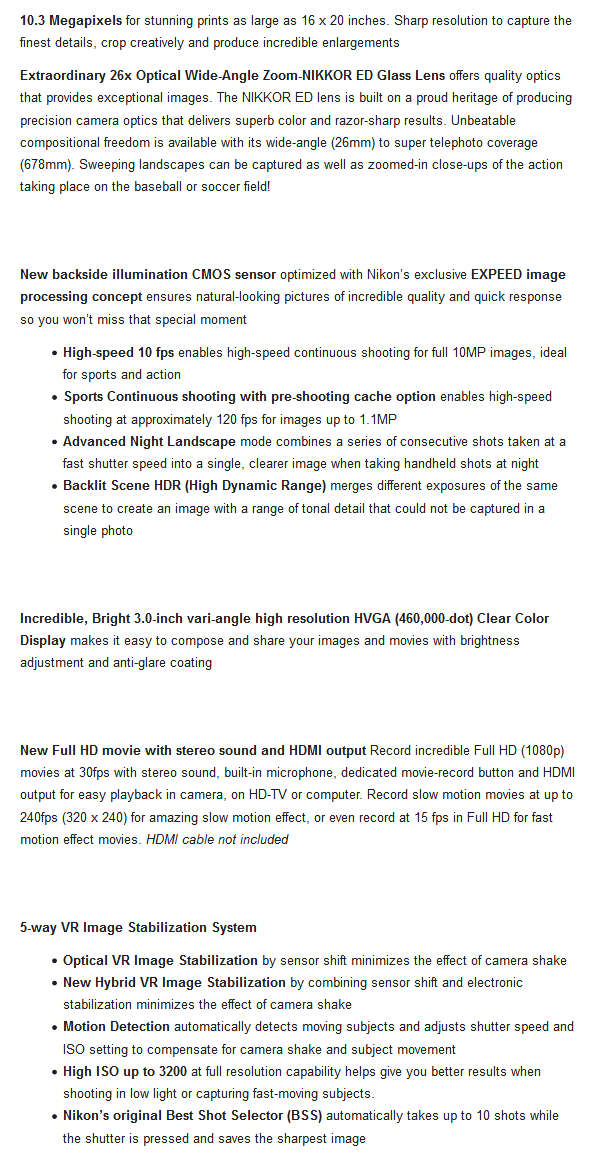 Nikon Coolpix P100  Digital Camera with 26x Optical Vibration Reduction (VR) Zoom and 3-Inch LCD