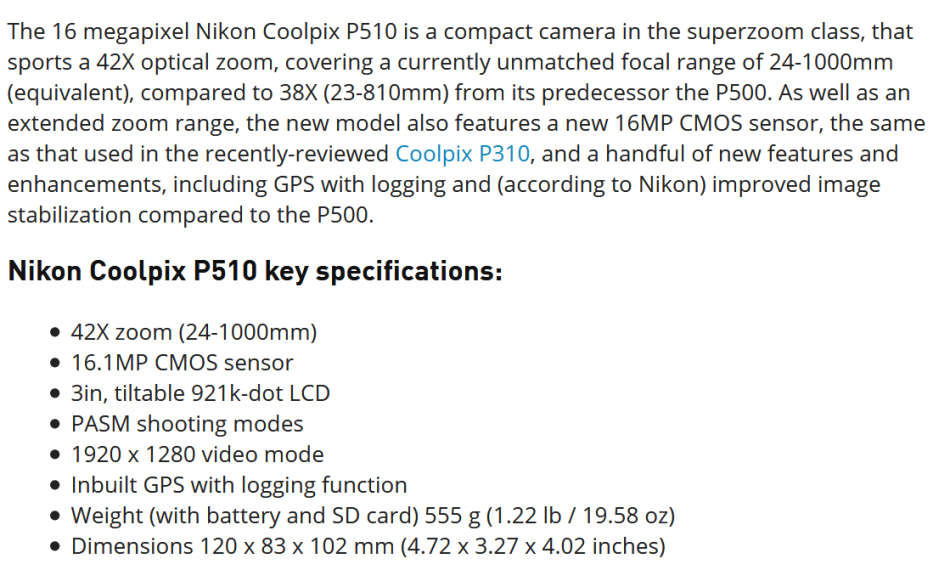 Nikon COOLPIX P510 16.1 MP CMOS Digital Camera with 42x Zoom GPS Record Location