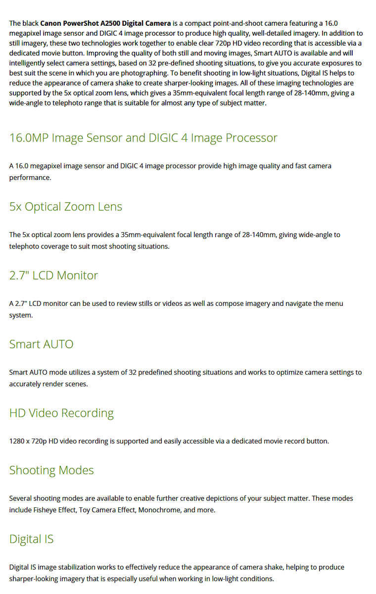 Canon PowerShot A2500 16MP Digital Camera with 5x Optical IS Zoom with 2.7-Inch LCD (BLACK)