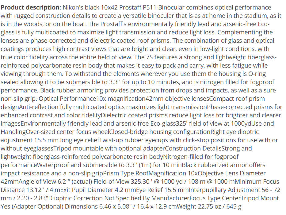 NIKON PROSTAFF 5 P511 10X42 Binoculars [waterproof] + Pouch