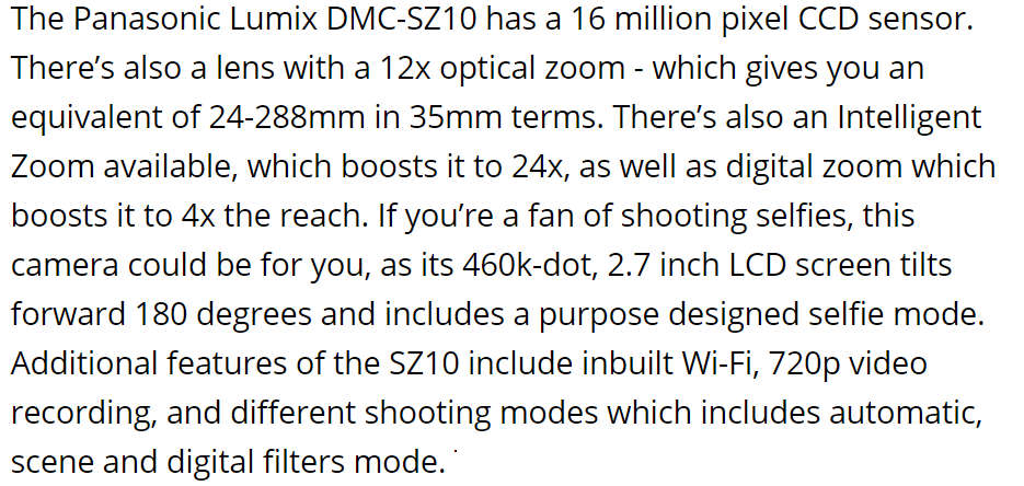 Panasonic Lumix DMC-SZ10 Digital Camera - TILT LCD