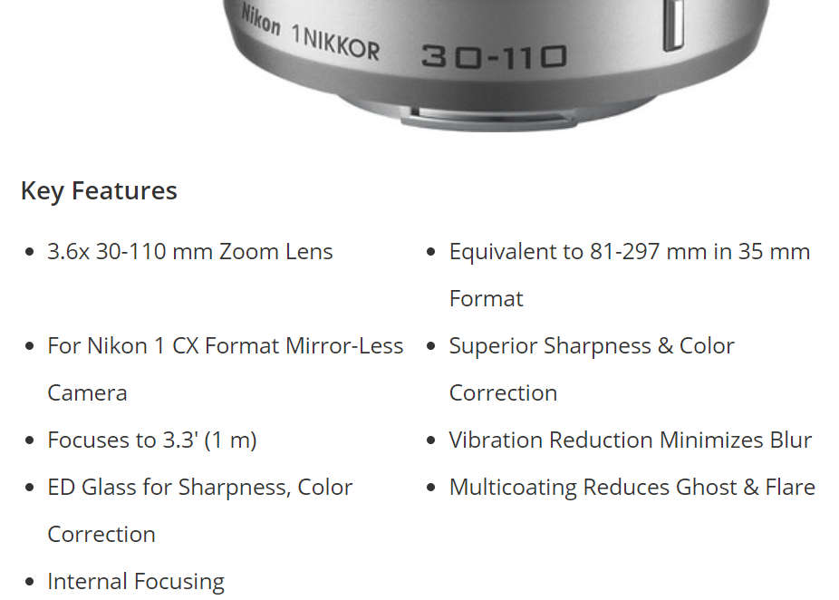 Nikon 1 Nikkor 30-110mm VR lens for Nikon 1 Series Mirroless Digital cameras (BLACK)