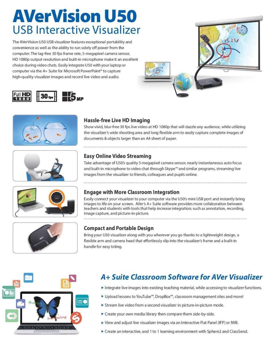 AVerVision U50 Document Camera - USB Flexarm Visulaizer 5M, 30 fps, full HD 1080p