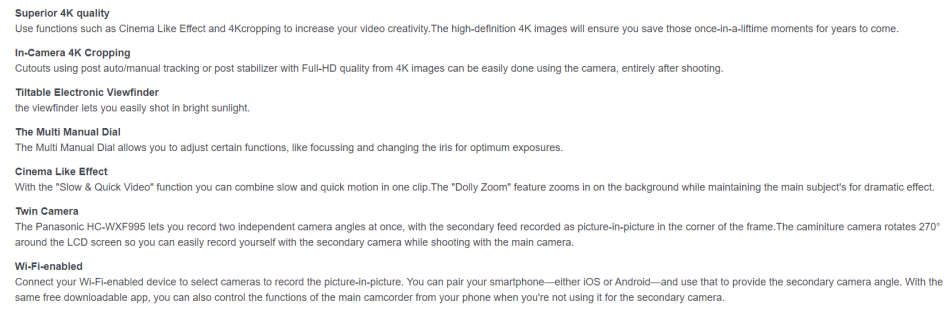 Panasonic HC-WXF995 4K ULTRA HD Camcorder - Leica Dicomar Lens