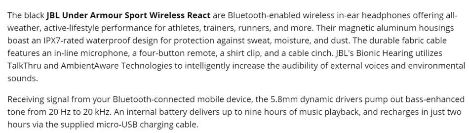 BRAND NEW JBL Under Armour Sport Wireless React Bluetooth/Waterproof IPX7  In-Ear Headphones (Black)