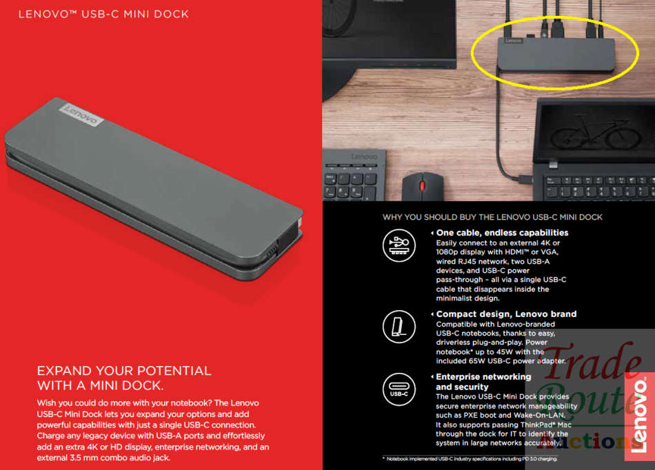 Lenovo USB-C Mini Dock with 65w AC Adapter - HDMI and VGA [ 40AU0065SA ]