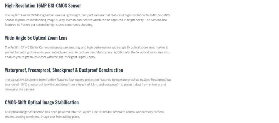 Fujifilm FinePix XP140 Waterproof Digital Camera - 16 MP - UHD 4K and Full HD Video Recording