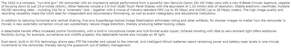 Canon XA20 Professional HD Camcorder