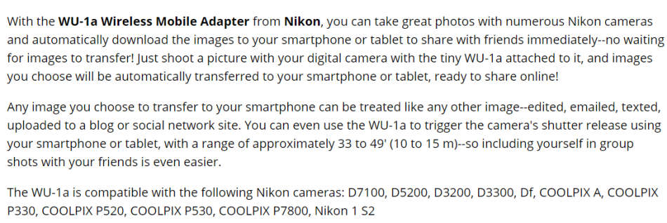 Nikon Genuine WU-1A Wireless Mobile Adapter - Works with D7100, D3300, D5200, D3200