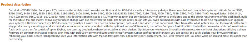Dell WD19s Docking Station USB-C, HDMI, Dual DisplayPort K20A - [ Power Adapter Not Included ]