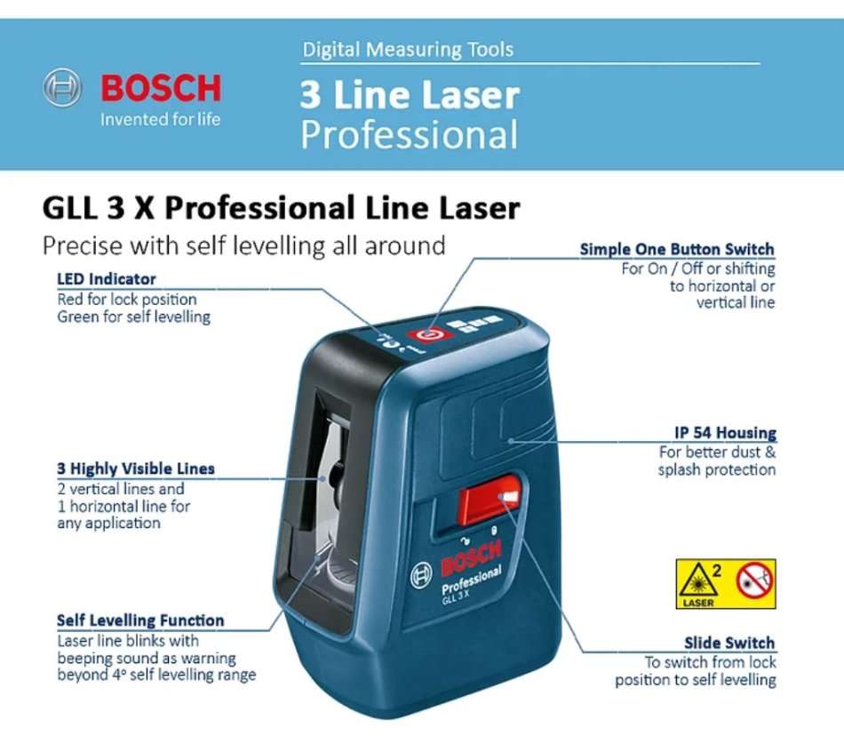 Bosch GLL 3X Professional Cross Line Laser level with 3 lines by Bosch Professional