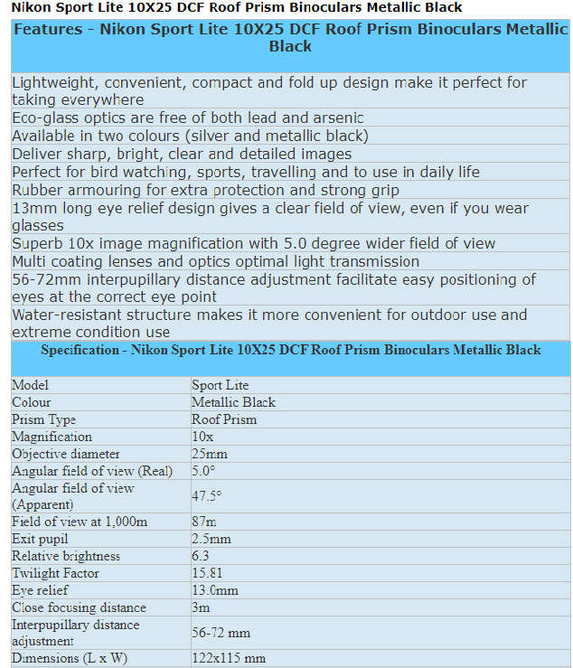 NIKON 10x25 SPORT LITE COMPACT BINOCULARS