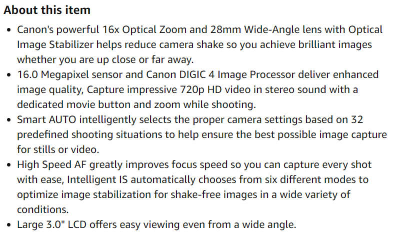 Canon PowerShot SX170 IS 16.0 MP Digital Camera - BLACK